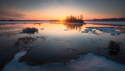 the sun is setting over a lake with ice on the water.  generative ai