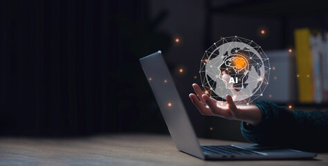 Hand holding virtual world with ai Artificial Intelligence concept.,technology information and...