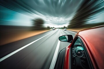 Plakat Fast Car Driving on Highway: Hood in Focus, Blur in Motion. Photo generative AI