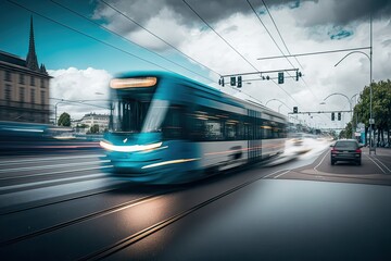 Tram and Car on Bridge, urban public. Photo generative AI