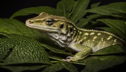  a small lizard sitting on top of a green leafy plant.  generative ai