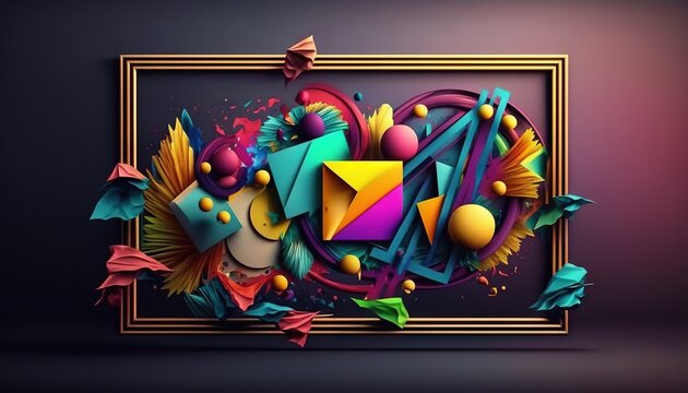  a colorful abstract painting with a gold frame on a dark background.  generative ai