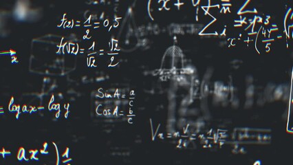 Maths Equations And Diagrams On Blackboard/ 4k animation of an abstract science background of mathematics equations and diagrams written with chalk on school blackboard with blur and depth of field - Powered by Adobe