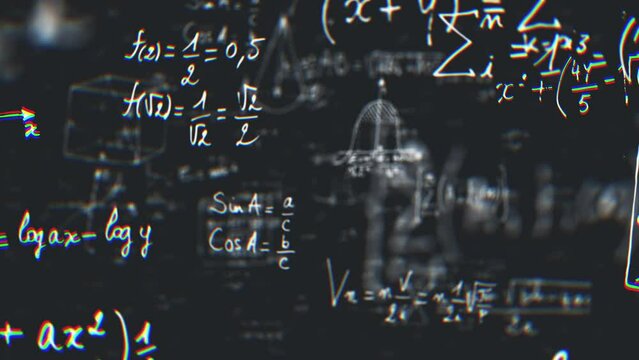 Maths Equations And Diagrams On Blackboard/ 4k animation of an abstract science background of mathematics equations and diagrams written with chalk on school blackboard with blur and depth of field