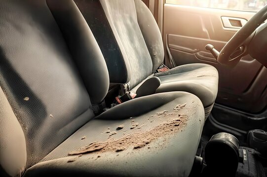 Dirty passenger seat with crumbs and stains pre-cleaning. Photo generative AI