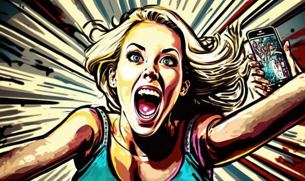 Abstract illustration of young extatic partying woman taking selfies, created with Generative AI
