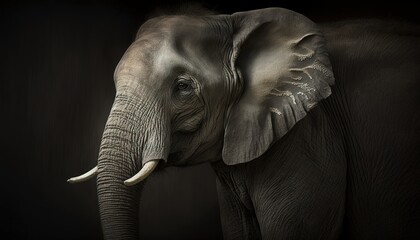  an elephant with tusks standing in a dark room.  generative ai