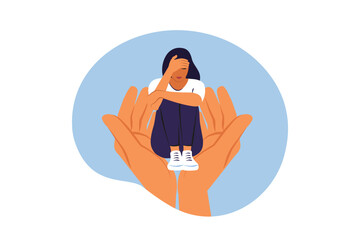Psychotherapy concept. Person keep in arms unhappy stressed female suffering from depression or mental problem. Helping hands. Vector illustration.