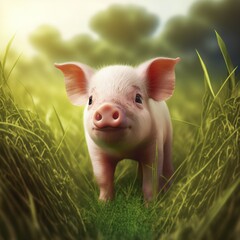  a little pig standing in a field of grass with a sky background.  generative ai