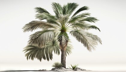 Fototapeta na wymiar a palm tree is shown in a white background with a small island in the foreground. generative ai