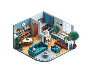 Beautiful living room design isometric pictures .On a transparent background. generative AI