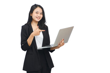 Young Confident Business Woman Pointing Laptop Isolated