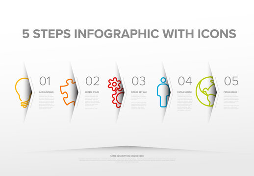 Five light steps progress page template with big color icons