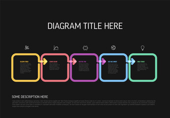 Five simple dark colorful steps process infographic template with squares