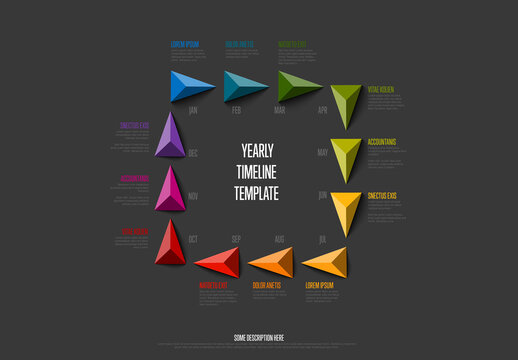 Dark full year timeline template with 12 month and rainbow triangle arrows