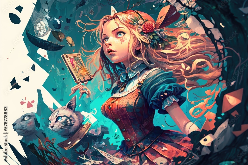 Aufkleber alice in wonderland related artwork. wild celebration. image generation on a computer. generative ai