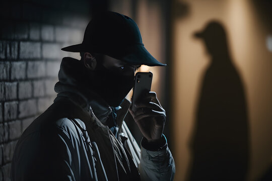 Criminal bandit watches victim in dark alley. Man is preparing to commit an attack to people. Generation AI