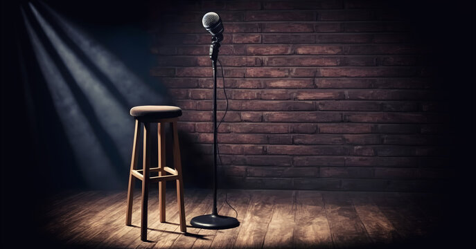 Stand up comedy stage microphone background brick wall. Concept banner open mic for monologue. Generation AI