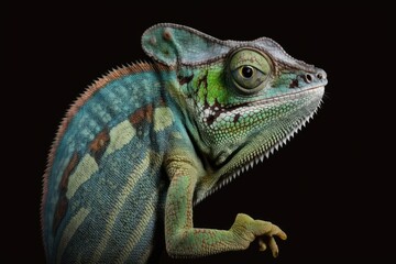 Obraz premium The chameleon is staring unblinkingly ahead against the gray background. Generative AI