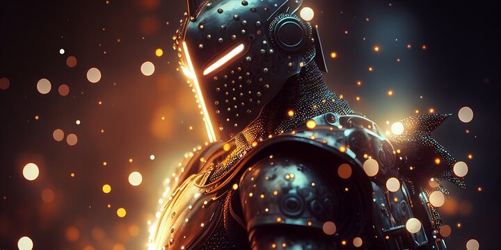 Knight helmet knight armor glowing eyes blurred background Generative AI