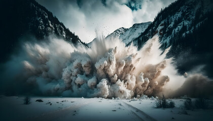 Concept natural disasters in mountain, big snow avalanche came down. Generation AI