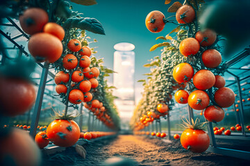 Industrial modern 4.0 greenhouse to grow tomatoes with robots drone. Concept technology innovations farming. Generation AI. - obrazy, fototapety, plakaty