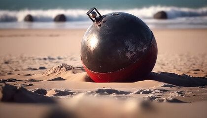 Marine mines for ship on beach of sea. Danger war bomb. Generation AI