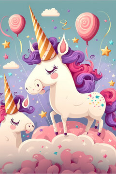 birthday background with unicorns for cards or invitation. Generative AI