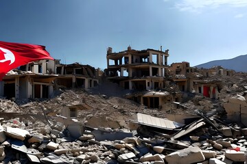 Fototapeta premium Earthquake Ruined Buildings With National Turkey Flag On Ruins, Rubble And Debris Of Buildings Destroyed By Strong Tremor. Dramatic Atmosphere Of Destroyed Houses With Red Turkish Flag. Generative AI