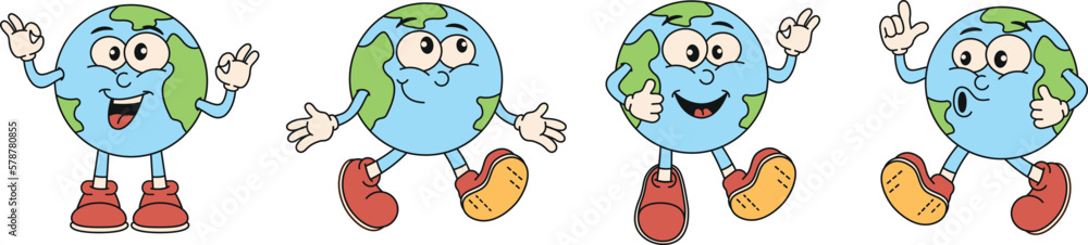 Wall mural character cartoon retro planet earth. the concept of earth day and save the planet. environment. clo