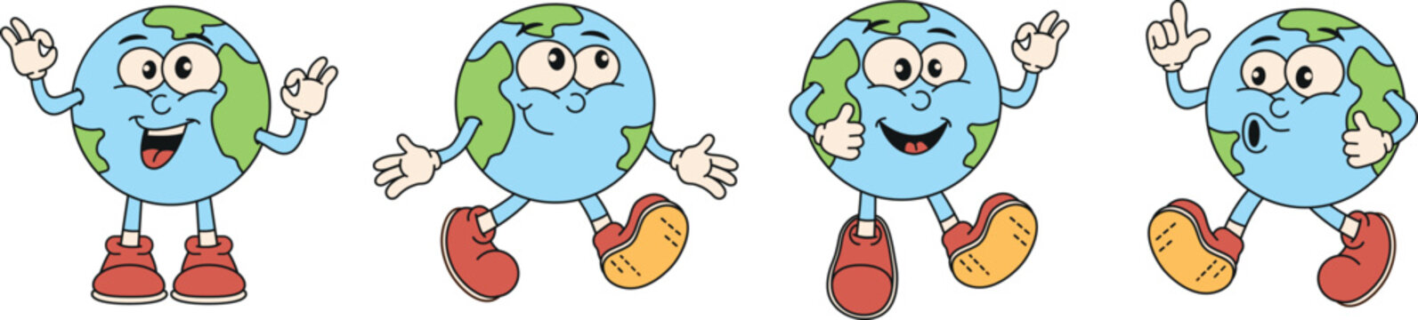 Character cartoon retro planet Earth. The concept of earth day and save the planet. Environment. Clockwork illustration in the style of the 70s. Vector illustration.