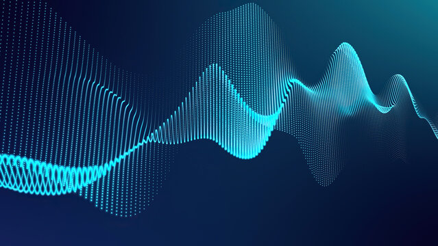 Abstract blue cg motion waving dots texture with glowing defocused particles. Cyber or technology digital landscape background.