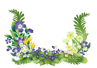 Composition fleurs de printemps et feuillages - pervenche, pâquerettes, marguerite, crocus, violettes, primevères, fougère, feuilles.