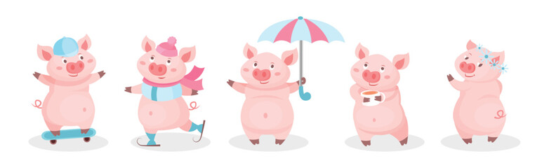 Funny Pink Pig with Snout in Different Activities Vector Set