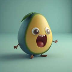 3D Cute Cartoon Character of Happy Avocado Fruit with Deep Eye generative ai