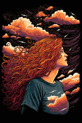 Orange Hair Woman In The Night Sky