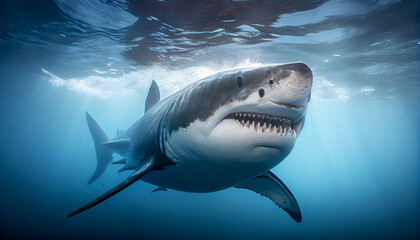 Fototapeta premium Close-up image of a great white shark, generative ai