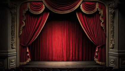 A stage in theater with red velvet curtains and wooden floor. Generative AI illustration.