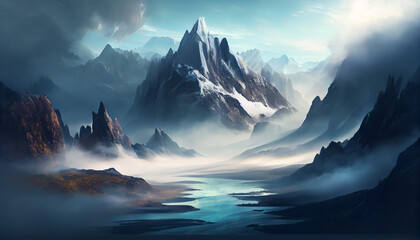 High mountains in the midst of fog nature, generative ai