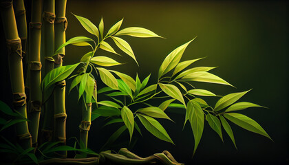 Fototapeta na wymiar Green bamboo shoots grow against green background, generative ai