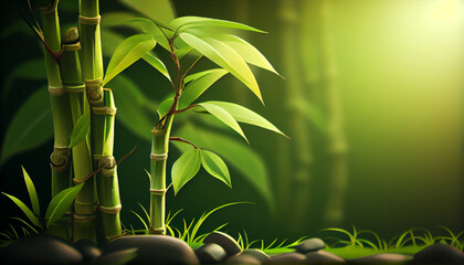 Green bamboo shoots grow against green background, generative ai - obrazy, fototapety, plakaty