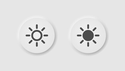 Sun icon in neumorphism style. Icons for business, UI, UX. Brightness symbol. Sunny, weather, sunlight, summer, warm, settings. Neomorphic style. Vector illustration.