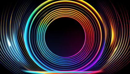 Circle of colored neon lines on dark background, generative ai