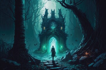 Fototapeta na wymiar Digital art. Fantasy art, Wallpaper. A journey through a haunted forest to find a lost city. Generative ai
