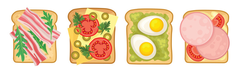 Tasty Sandwich and Bread Slice or Toast with Topping Vector Set