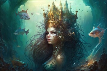 Obraz na płótnie Canvas Digital art. Fantasy art, Wallpaper. A kingdom ruled by mermaids. Generative ai