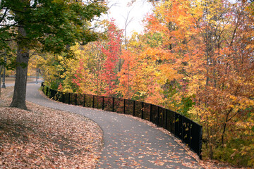 Fototapeta na wymiar Serpentine curved path on the North Mississippi River Boulevard lined by a black iron fence and autumn foliage. St Paul Minnesota MN USA