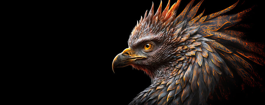 Phoenix bird, firebird on black background head and eye. Fantasy image created with generative ai