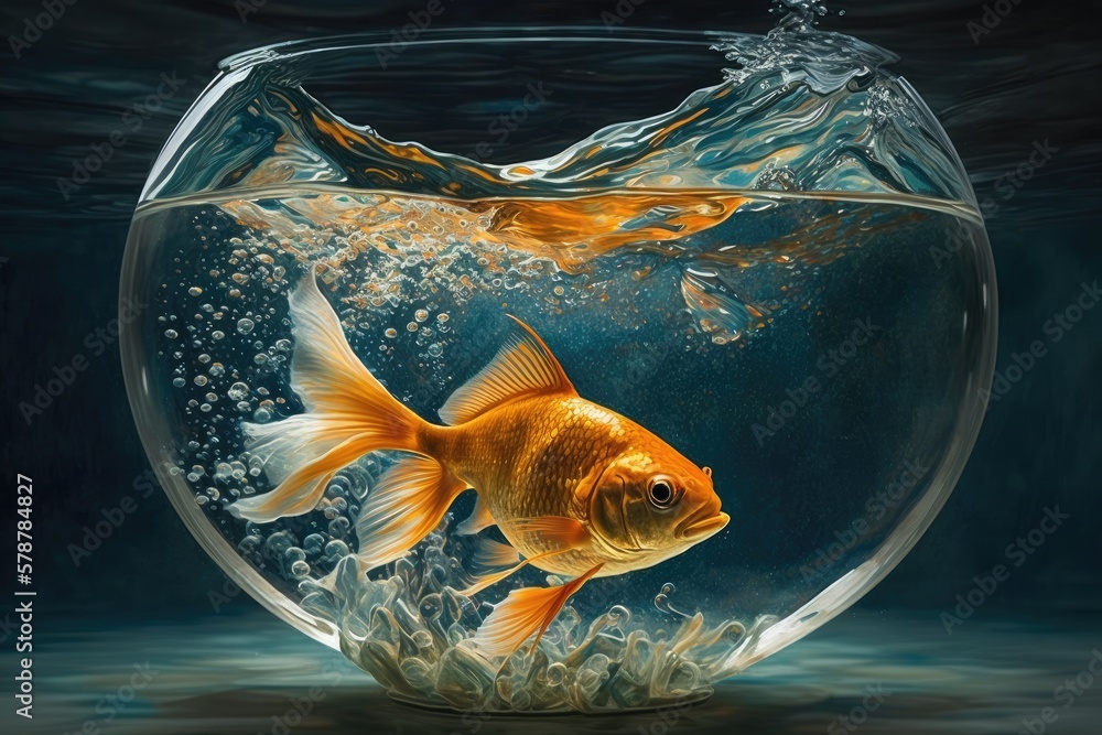 Poster as if goldfish in a bowl were swimming in the ocean and jumping out of it. this is an example of. ge