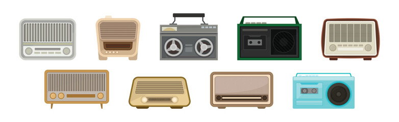 Retro Vintage Radio with Tuner as Old-fashioned Media Device Vector Set